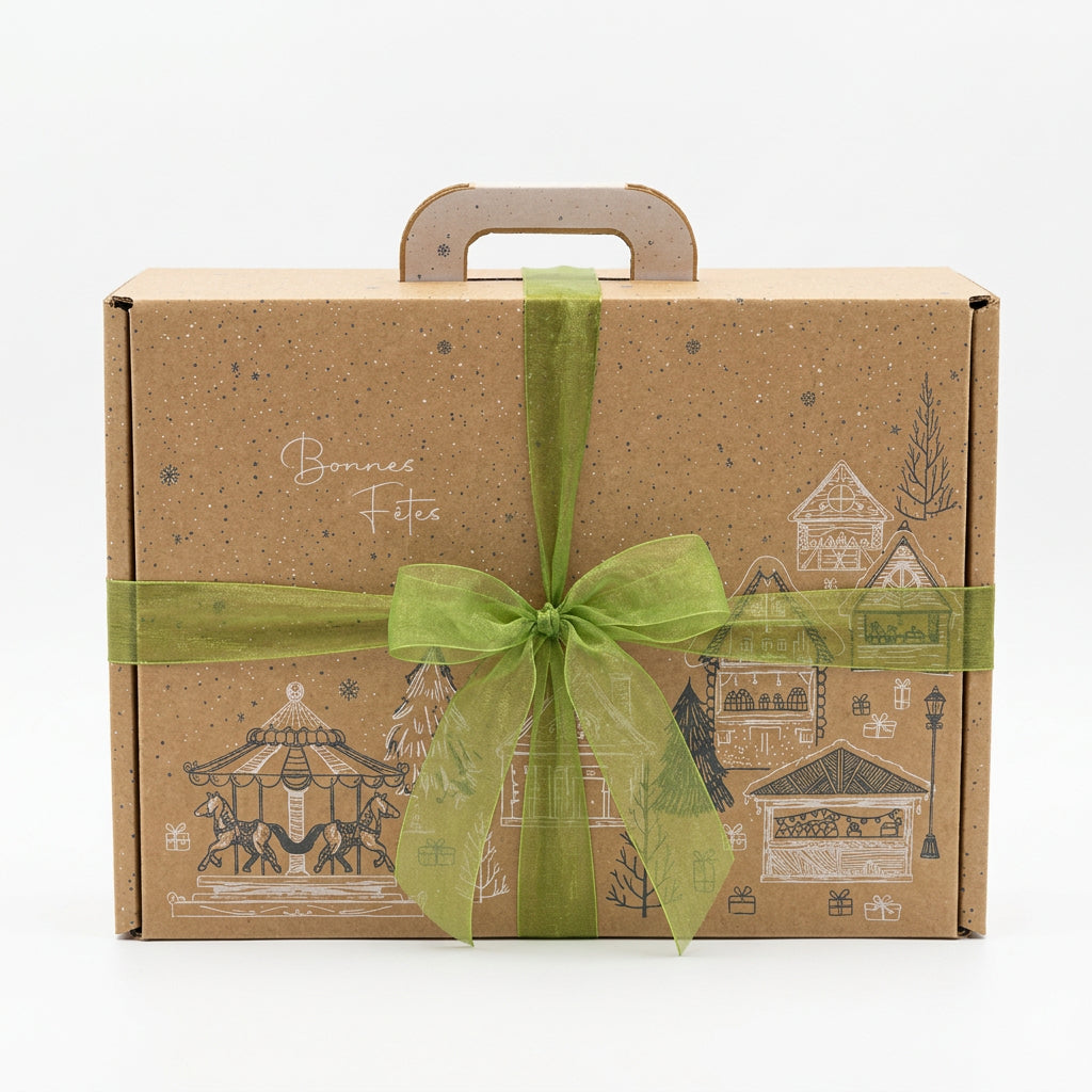 Coffret cadeau de Noël en carton kraft, décoré d’un village festif et fermé par un ruban vert.