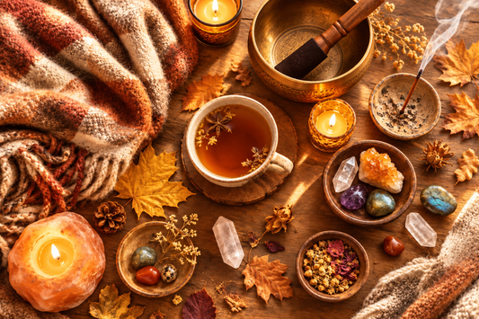 Ambiance cocooning d'automne avec bol tibétain et décoration chaleureuse