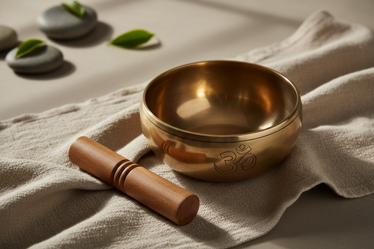 Bol tibétain chantant posé sur une surface naturelle, utilisé pour la méditation et la relaxation