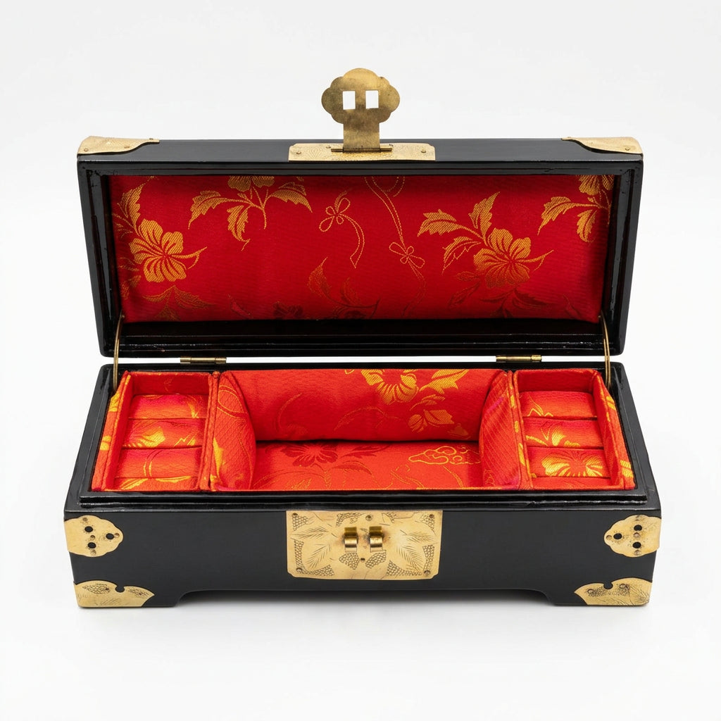 Boîte à bijoux chinoise noire ouverte sur fond blanc, intérieur rouge à motifs dorés et compartiments latéraux