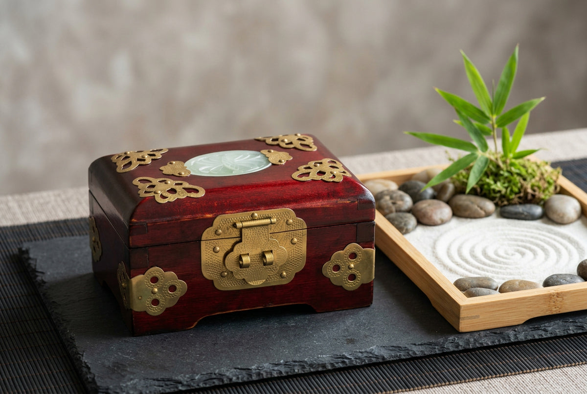Boîte à bijoux chinoise rouge-brun fermée, ornements dorés et médaillon clair, à côté d’un jardin zen miniature.