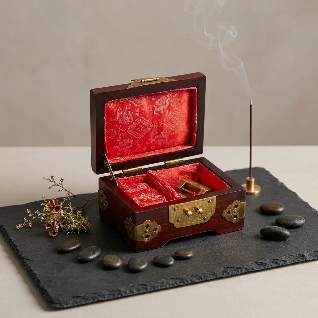 Boîte à bijoux chinoise rouge-brun ouverte, intérieur rouge compartimenté, présentée près d’un bâton d’encens.