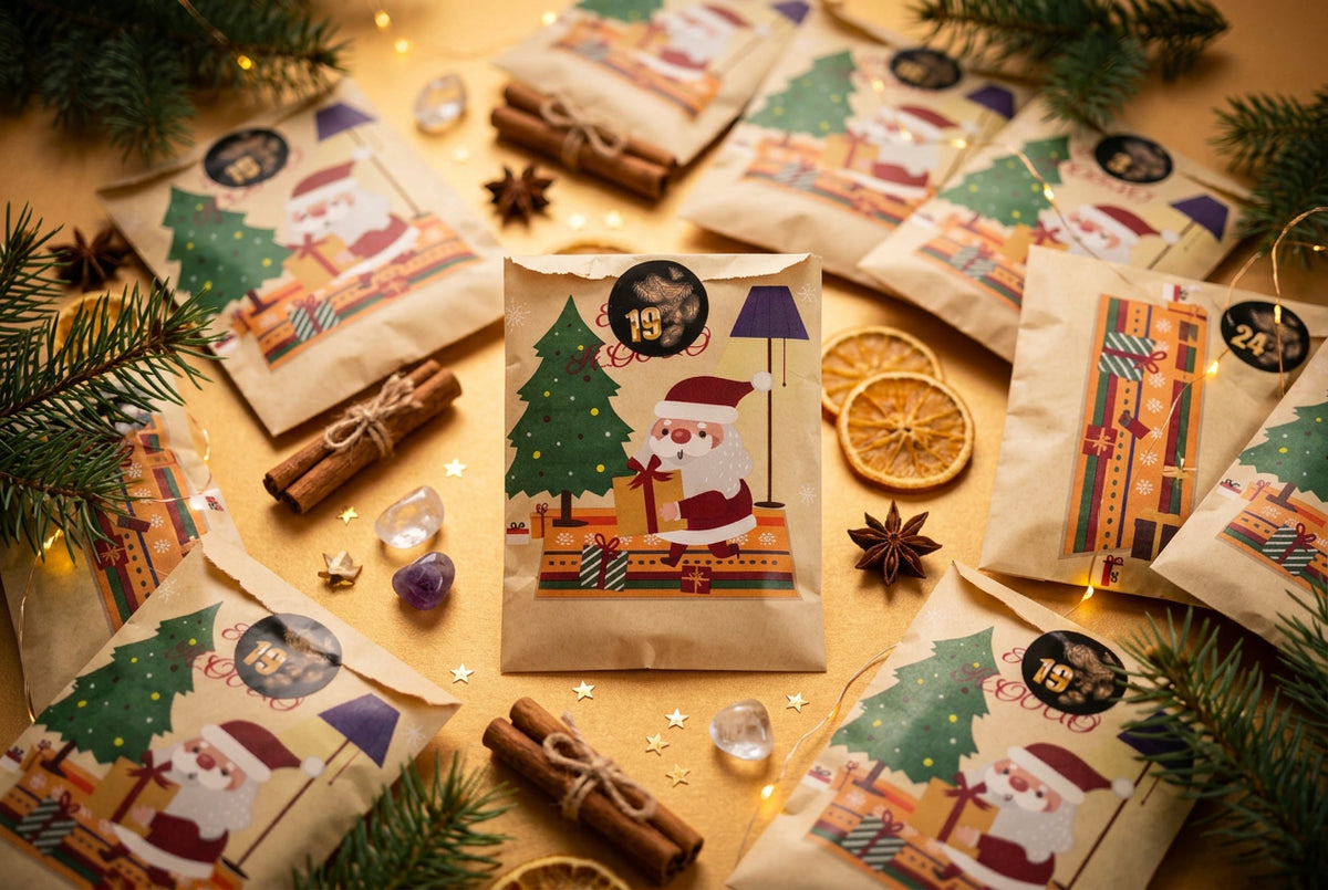 Sachets numérotés d’un calendrier de l’Avent, entourés de branches de sapin, de cannelle et de rondelles d’orange séchées