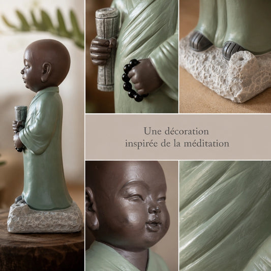 Montage montrant le profil, le visage, le chapelet, la tenue vert clair et le socle du petit moine debout