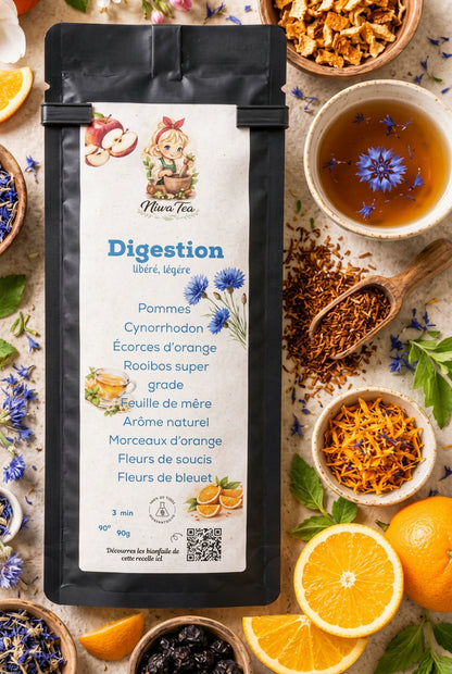 Sachet d’infusion Digestion accompagné d’une tasse d’infusion, de plantes et de rondelles d’orange