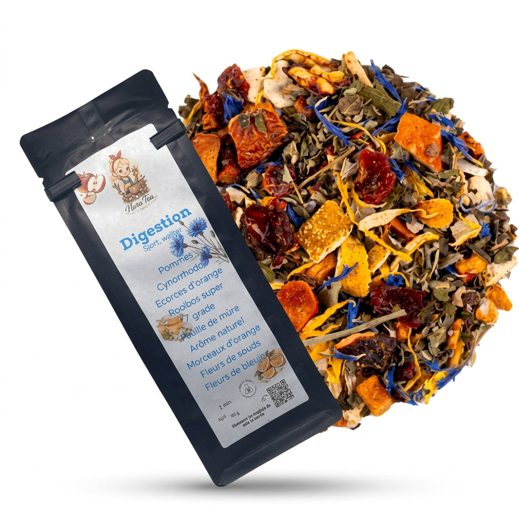 Sachet d’infusion Digestion présenté à côté d’un mélange de plantes, de fruits séchés et de pétales sur fond blanc. 