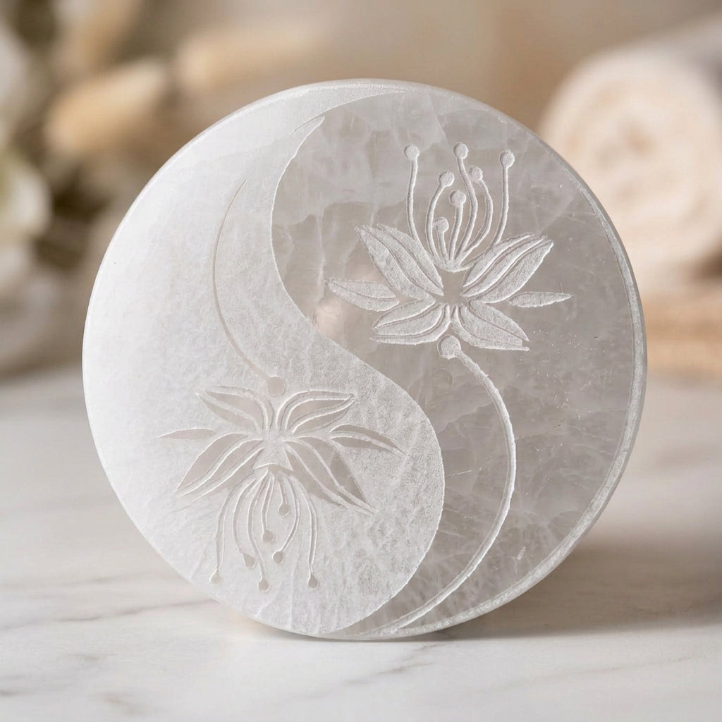 Plaque ronde en sélénite vue de dessus, gravée d’un motif yin-yang composé de deux fleurs de lotus
