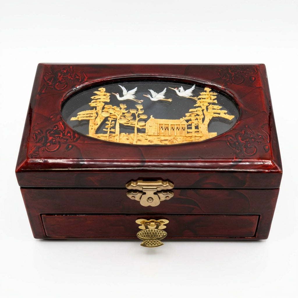 Boîte à bijoux musicale asiatique vintage - Bois laqué, 15 cm