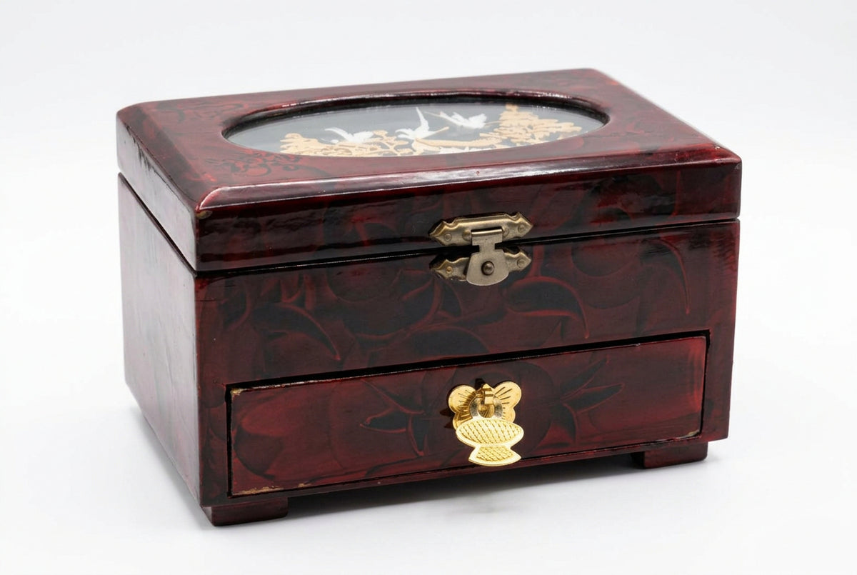 Boîte à bijoux musicale asiatique vintage - Bois laqué, 15 cm