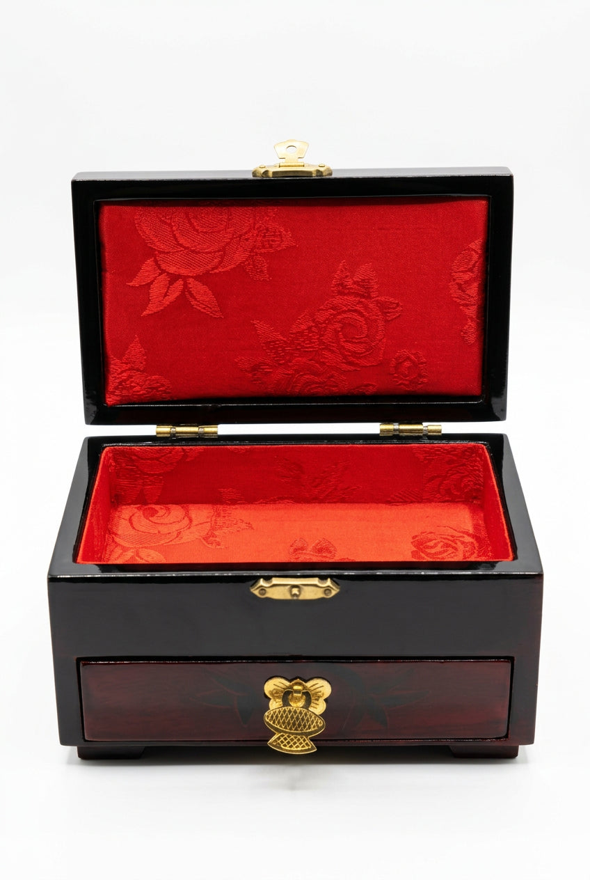 Boîte à bijoux musicale asiatique vintage - Bois laqué, 15 cm