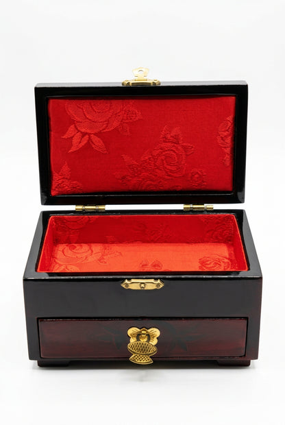 Boîte à bijoux musicale asiatique vintage - Bois laqué, 15 cm
