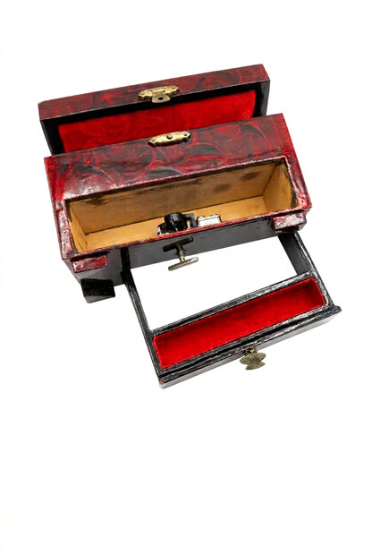 Boîte à bijoux musicale asiatique vintage - Bois laqué, 15 cm